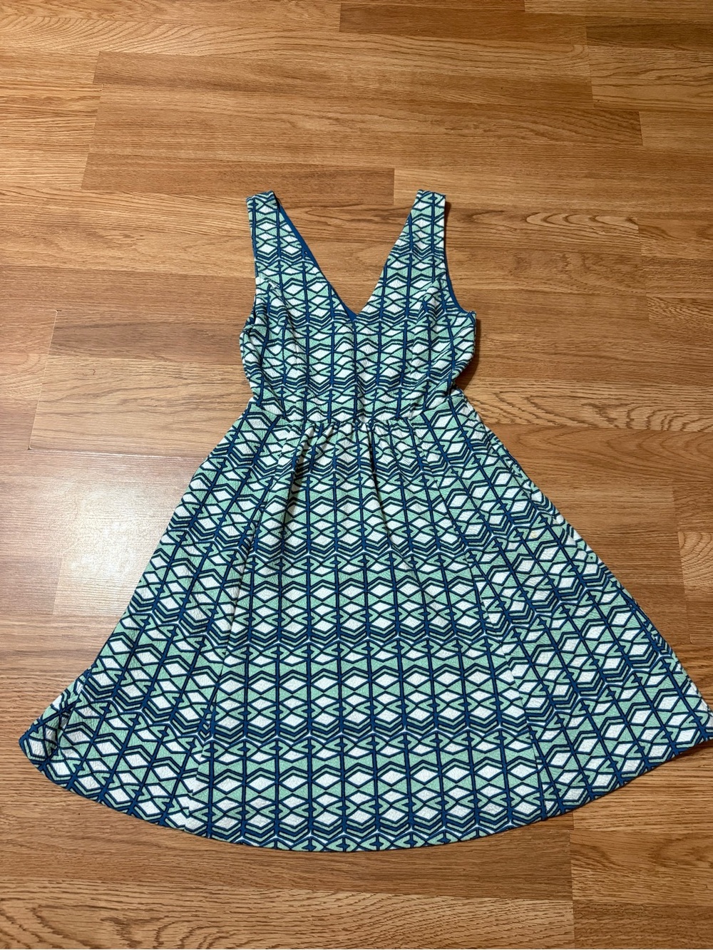 Maeve Blue & White Geometric V-Neck Fit-and-Flare Dress